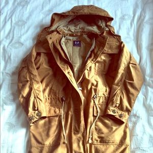 Mustard brown hooded utility coat jacket
